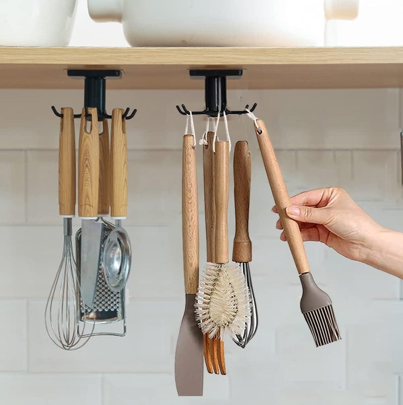 EigPluy 2pcs Under Cabinet Kitchen Utensil Hooks,360° Rotating Drilling Free Adhesive Utensils Hanging Rack for Tools/Towel/Knife (Black) - Image 1